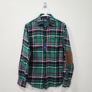 Polo Ralph Lauren Classic Fit Suede-Patch Twill Plaid Workshirt Men's Size XS